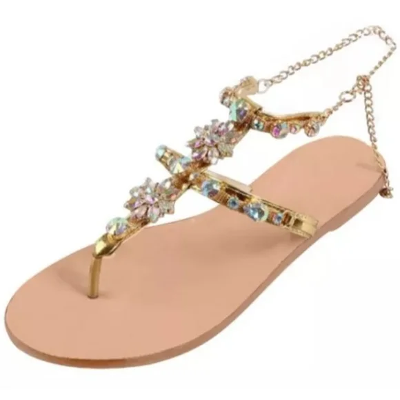 T - STRAP FLOWER RHINESTONE SANDALS - Picture 3 of 4